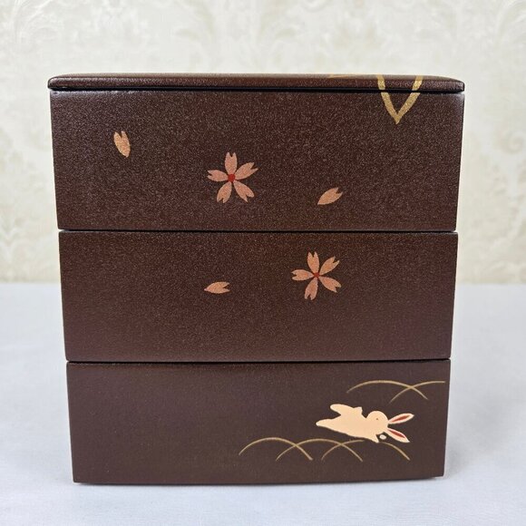 Japanese Jubako Stacked Box Brown w/Red Lacquer Interior Bunnies and Flowers - Picture 2 of 15
